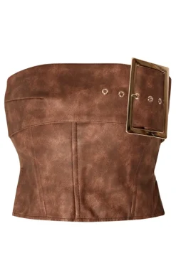 Petite Washed Brown Faux Leather Buckle Detail Corset