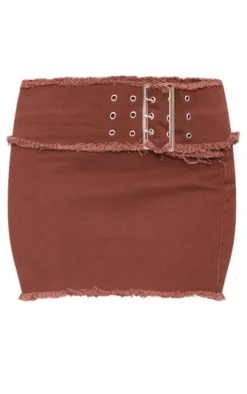 Petite Washed Brown Frayed Belt Detail Denim Mini Skirt