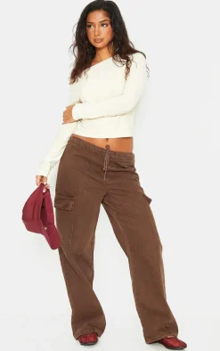 Petite Washed Brown Low Rise Drawstring Denim Jeans