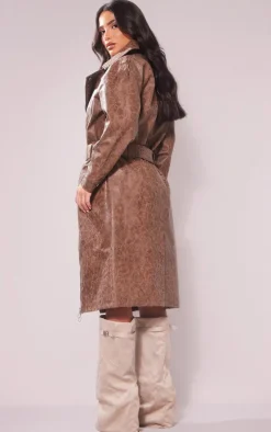 Petite Washed Brown PU Biker Trench Coat
