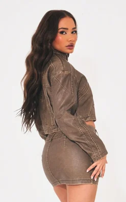 Petite Washed Brown Seam Detail Faux Leather Jacket