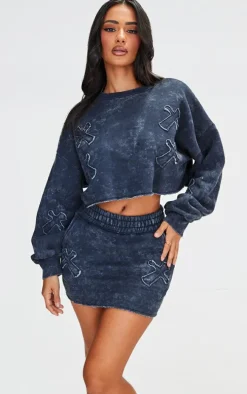 Petite Washed Charcoal Cross Detail Micro Mini Skirt