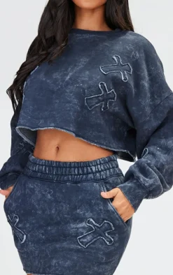 Petite Washed Charcoal Cross Detail Micro Mini Skirt