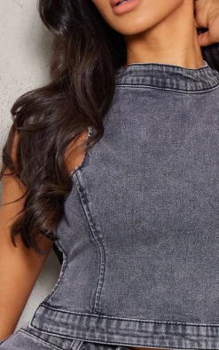 Petite Washed Charcoal Denim Backless Top