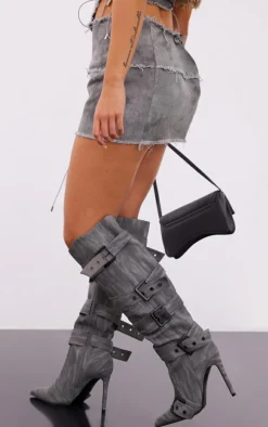 Petite Washed Charcoal Twill Frayed Mini Skirt