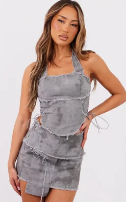 Petite Washed Charcoal Twill Frayed Mini Skirt