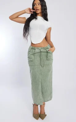 Petite Washed Green Denim Cargo Midi Skirt