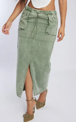 Petite Washed Green Denim Cargo Midi Skirt