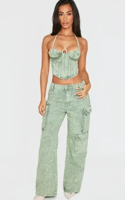 Petite Washed Green Denim Cargo Jeans
