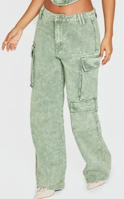 Petite Washed Green Denim Cargo Jeans