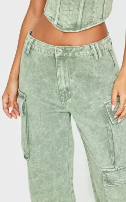 Petite Washed Green Denim Cargo Jeans