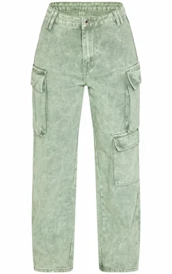 Petite Washed Green Denim Cargo Jeans