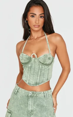 Petite Washed Green Denim Seam Detail Corset
