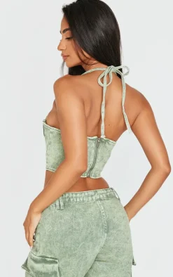 Petite Washed Green Denim Seam Detail Corset