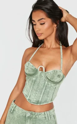 Petite Washed Green Denim Seam Detail Corset