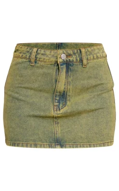 Petite Washed Green Denim Star Embriodered Mini Skirt