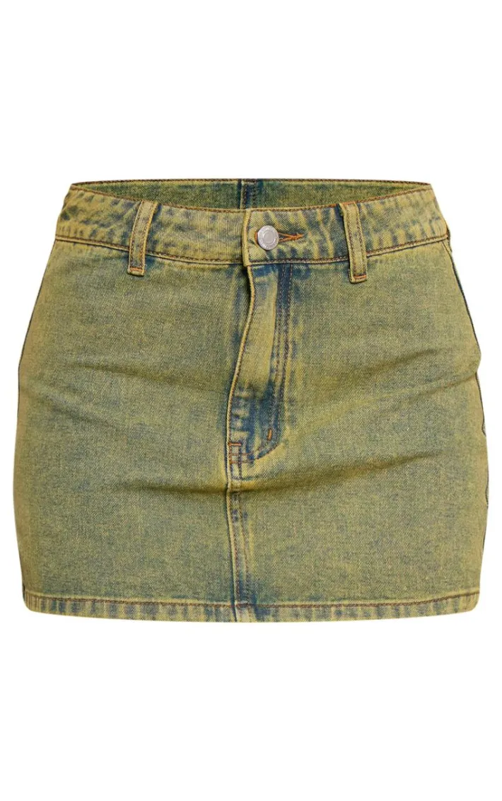 Petite Washed Green Denim Star Embriodered Mini Skirt
