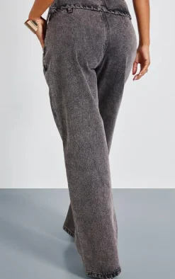 Petite Washed Grey Asymmetric Waist Wide Leg Jeans
