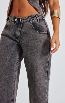 Petite Washed Grey Asymmetric Waist Wide Leg Jeans