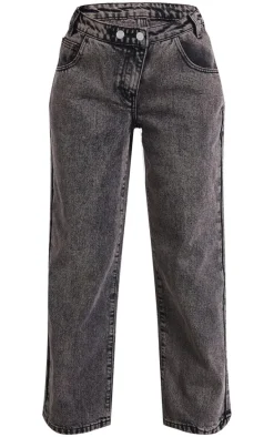 Petite Washed Grey Asymmetric Waist Wide Leg Jeans