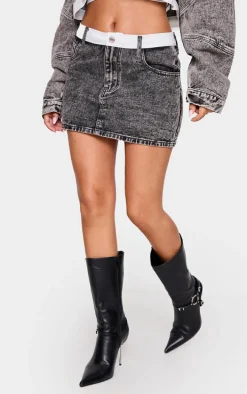 Petite Washed Grey Contrast Waistband Denim Mini Skirt