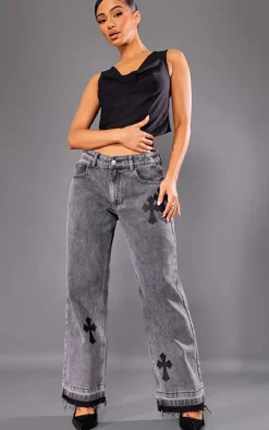 Petite Washed Grey Cross Applique Straight Leg Jeans