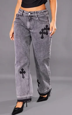 Petite Washed Grey Cross Applique Straight Leg Jeans