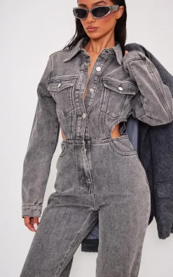 Petite Washed Grey Denim Cut Out Jumpsuit