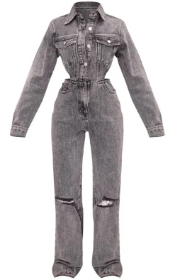 Petite Washed Grey Denim Cut Out Jumpsuit