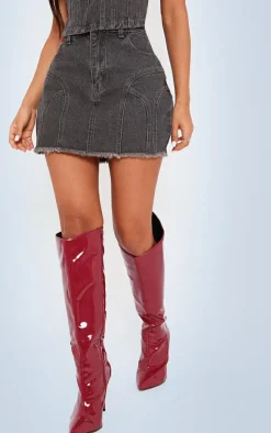 Petite Washed Grey Denim Seam Detail Mini Skirt