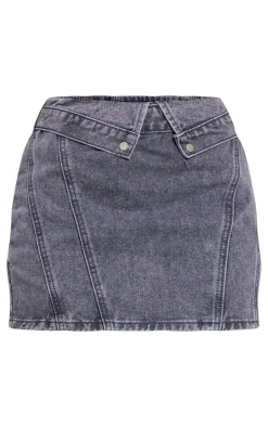 Petite Washed Grey Denim Mid Rise Fold Over Mini Skirt