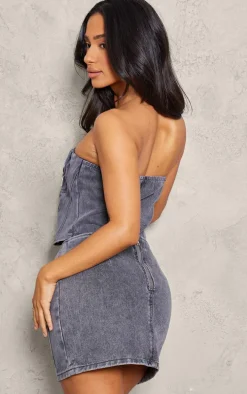 Petite Washed Grey Denim Fold Over Zip Up Corset