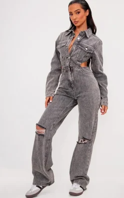 Petite Washed Grey Denim Ripped Knee Jumpsuit