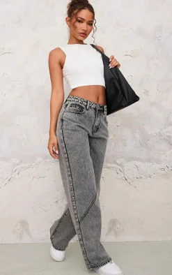 Petite Washed Grey Denim Seam Detail Straight Leg Jeans