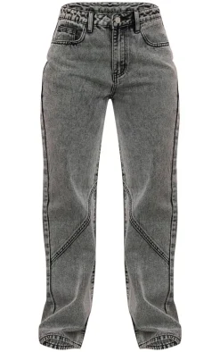 Petite Washed Grey Denim Seam Detail Straight Leg Jeans