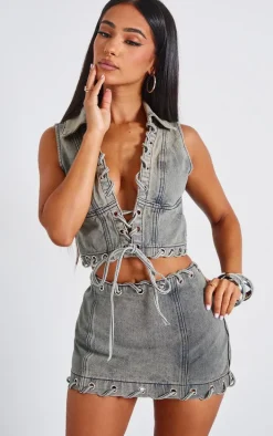 Petite Washed Grey Denim Lace Up Crop Top