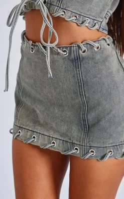 Petite Washed Grey Denim Lace Up Detail Mini Skirt