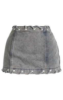 Petite Washed Grey Denim Lace Up Detail Mini Skirt