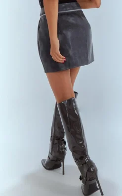 Petite Washed Grey Faux Leather Mini Skirt