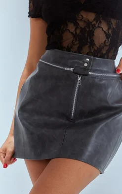 Petite Washed Grey Faux Leather Mini Skirt