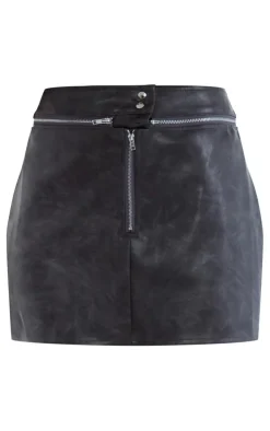 Petite Washed Grey Faux Leather Mini Skirt