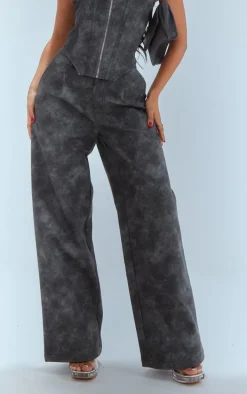 Petite Washed Grey Faux Leather Straight Leg Pants