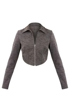 Petite Washed Grey Faux Leather Zip Up Crop Jacket