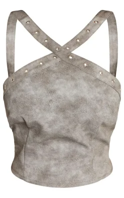 Petite Washed Grey Faux Leather Eyelet Detail Crop Top