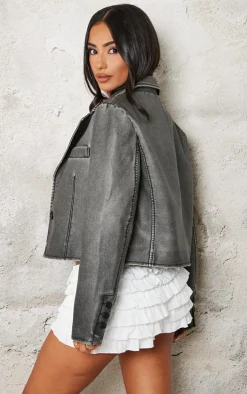 Petite Washed Grey Faux Leather Cropped Blazer