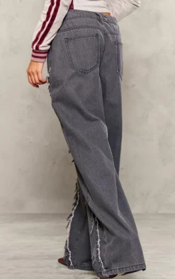 Petite Washed Grey Fray Detail Wide Leg Jeans