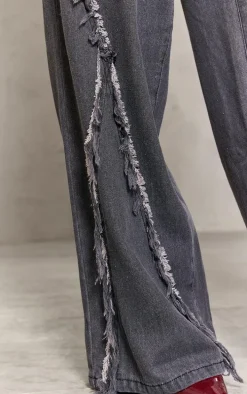 Petite Washed Grey Fray Detail Wide Leg Jeans