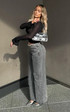 Petite Washed Grey Fray Waist Low Rise Straight Leg Jeans