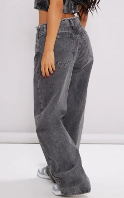 Petite Washed Grey Fray Waist Low Rise Straight Leg Jeans