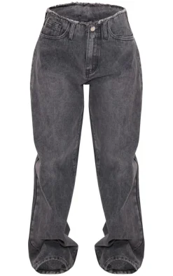 Petite Washed Grey Fray Waist Low Rise Straight Leg Jeans